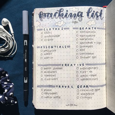 Bullet journal packing list by @bujo.by.mattea travel Packing List Journal Page, Packing List Bujo, Bullet Journal Vacation Planning, Travel Journal Packing List, Bujo Packing List, Packing List Journal, Packing List Bullet Journal, Bullet Journal Vacation, Journal Packing List