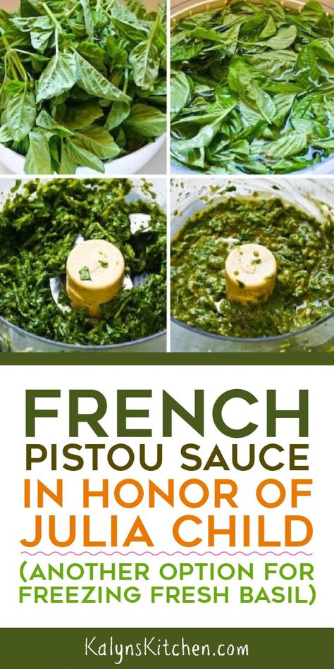 Another Option for Freezing Fresh Basil is this delicious French Pistou Sauce in Honor of Julia Child! You'll love pulling this out of the freezer to use in soups and stews during the winter! [found on KalynsKitchen.com] #KalynsKitchen #FrenchPistouSauce #FreezingFreshBasil #PistouSaucefortheFreezer Pistou Recipe, Basil Sauce, Low Glycemic Foods, Basil Recipes, Herb Recipes, Best Gluten Free Recipes, Julia Child, Fresh Basil, Delicious Vegetarian