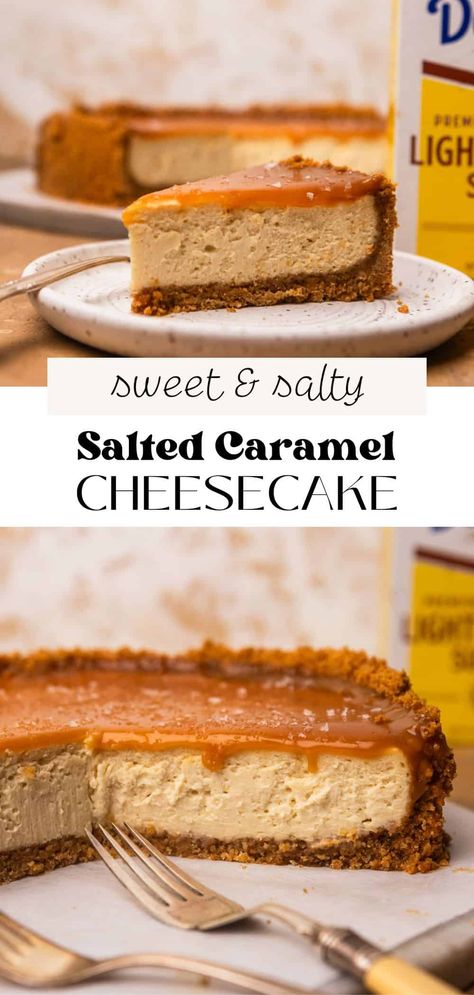 This baked salted caramel cheesecake is the best cheesecake recipe for caramel lovers! It has a buttery graham cracker crust and a creamy cheesecake filling with homemade salted caramel sauce swirled in the batter and drizzled on top with plenty of flaky sea salt. Sea Salt Caramel Cheesecake Recipe, Best Caramel Dessert Recipes, Salty Caramel Cheesecake, Coffee Caramel Cheesecake, 3 Layer Cheesecake, Easy Salted Caramel Cheesecake, English Toffee Cheesecake, Salted Caramel Pumpkin Cheesecake, Dessert With Caramel Sauce