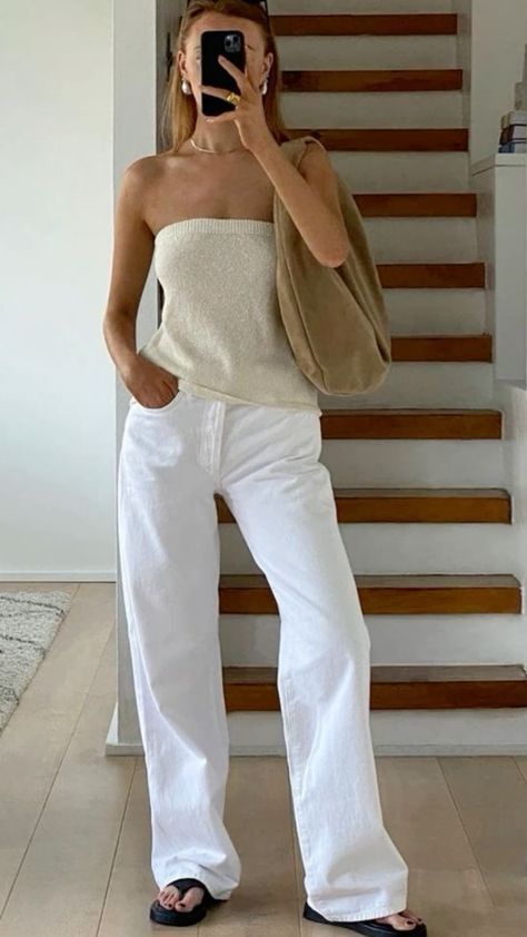 White Cotton Pants Outfit, Chic White Linen Wide Leg Pants, White Wide-leg Summer Pants, White Linen Pants Aesthetic, Minimalist Summer 2024 Outfits, Beachy White Wide-leg Pants, White High-waist Linen Wide Leg Pants, White Jeans Outfit Summer, Neutral Monochromatic Outfit