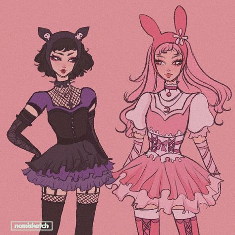 My melody and kuromi aesthetic Kuromi And My Melody Clothes, My Melody And Kuromi Outfit Aesthetic, Sanrio Outfits Kuromi, Kuromi Costume Halloween, Melody And Kuromi Outfit, Kuromi And My Melody Halloween Costumes, Kuromi And My Melody Outfits, My Melody Human Fanart, Kuromi Cosplay Outfit