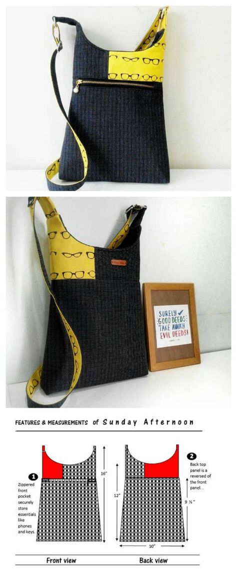 If you want to make a simple and quick-to-make bag then why not download this pattern and make this very casual hipster / cross-body / shoulder bag. There are 2 sizes included in the pdf downloadable pattern with the bigger one being 1 ½ inches taller than the smaller one. The bag is very much aimed at the casual you. It's relatively lightweight and is ideal for shopping, cycling or strolling in town. However, it does have lots of ample room for your phones, clutch, keys and even a small book or Tote Bag Pattern Free, Sewing Jeans, Crossbody Bag Pattern, Modern Bag, Sewing Bags, Trendy Sewing, Sac Lunch, Beginner Sewing Projects Easy, Small Book