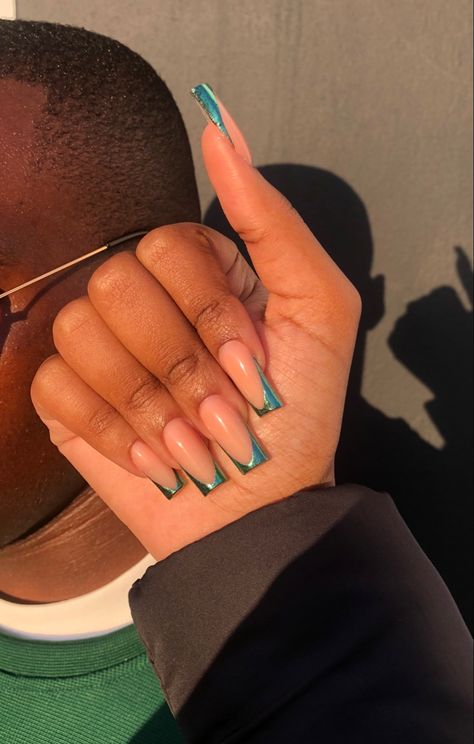 Fall nail | Green nails | french tip Emerald Green Nails Acrylic French Tips, Almond Green Nails French, Green French Manicure Nails, Chrome Green French Tip Nails, Emerald Green French Tips, Green Chrome French Tip Nails, Forest Green Nail Ideas, Emerald Green French Tip Nails, Green Nails French Tip