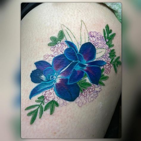 Leah is working on this blue orchid piece. Orchids symbolize innocence and purity, which are two meanings that plenty of people are looking to get from their tattoos. Galaxy Orchid Tattoo, Blue Orchid Tattoo, Orchid Tattoo, Blue Orchids, Flower Tattoos, Watercolor Tattoo, Flower Tattoo, Orchids, Art Design