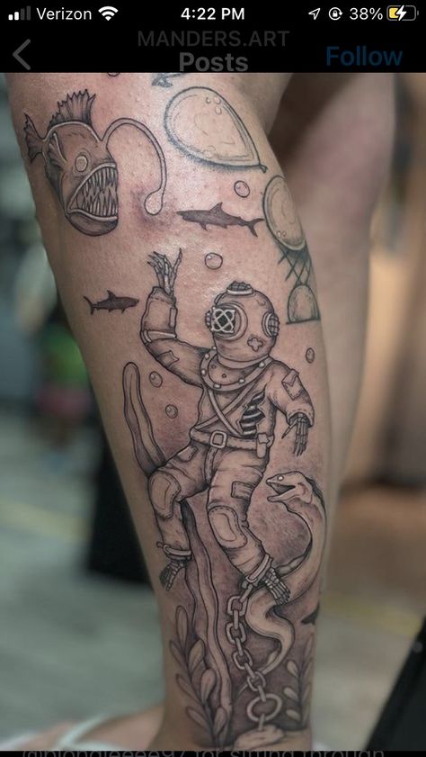 Bottom Of The Ocean Tattoo, Underwater Scene Tattoo, Creepy Ocean Tattoo, Aquatic Leg Sleeve Tattoo, Ocean Leg Tattoo, Deep Sea Tattoo, Under Water Tattoo, Under The Sea Tattoo Ideas, Under The Sea Tattoo