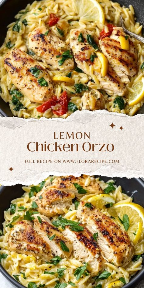 🍋 One-pot wonder alert! This Creamy Lemon Chicken Orzo is the ultimate comfort food. Tender chicken, zesty lemon, and creamy orzo come together in a dish that's both cozy and fresh! Perfect for weeknight dinners. #LemonChicken #OnePotMeals #ComfortFood 🥄 Chicken In A Pot With Lemon Orzo, One Pot Creamy Orzo Tuscan Chicken, Best New Dinner Recipes, Chicken Orzo One Skillet, Lemon Pepper Orzo Chicken, Special Chicken Dinner Recipes, Orzo Pasta Dinner, Healthy Fresh Dinner Ideas, Lemon Chicken Orzo Crockpot