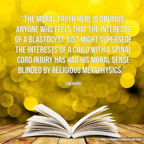 “The moral truth here is obvious: anyone who feels that the interests of a blastocyst just might supersede the interests of a child with a spinal cord injury has had his moral sense blinded by religious metaphysics.” Sam Harris Quotes, Spinal Cord, A Child, Sense, Feelings, Quotes