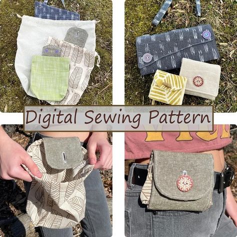 New digital sewing pattern in my etsy shop! Earthscore Foraging Belt Bag in three sizes. Slide this compact little bag on your belt and be ready to collect earth treasures like wild mushrooms, berries, seeds, and herbs. Instructions include an optional clip or purse strap for those who don’t wear belts often. Foraging Bag Pattern Free, Foraging Pouch Diy, Small Pouch Sewing Pattern, Small Bag Pattern, Belt Bag Pattern, Foraging Bag, Drawstring Bag Pattern, Pouch Diy, Pouch Sewing