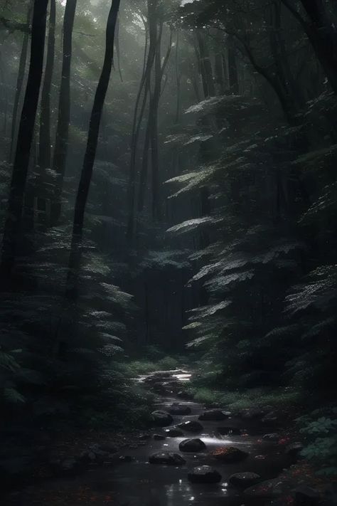 The image is a dark and moody forest. The trees are tall and the branches are thick, creating a dense canopy that blocks out the sun. The ground is covered in a thick layer of leaves and moss. A small stream runs through the middle of the forest, and the sound of the water is the only thing that can be heard. The forest is full of mystery and danger, and it is easy to imagine that there are all sorts of creatures lurking in the shadows. Anime Mysterious, Dangerous Forest, Moody Forest, Dark Mysterious, Dense Forest, Dark Tree, Moody Art, Dark And Moody, Story Of The World