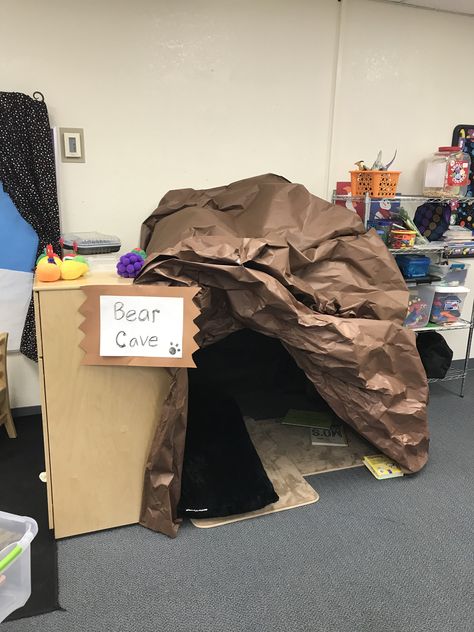 Hibernation Dramatic Play Preschool, Bear Cave Dramatic Play, The Very Cranky Bear Activities, Bear Classroom Decorations, Bear Dramatic Play, Hibernation Dramatic Play, Bear Classroom Theme, Bear Cave Craft, Hibernation Preschool Theme