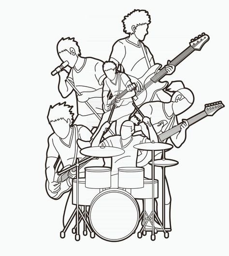 Outline Music Band Musician Team Group of Musician Playing Music Together Music Concert Drawing, Music Band Illustration, Band Sketch, Friendship Sketches, Band Illustration, Band Drawing, Drawing Outlines, Band Photoshoot, Music Together