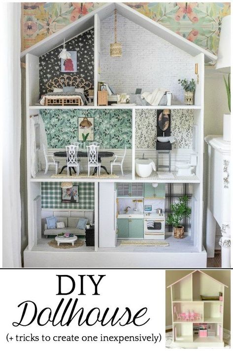 Tips and tricks for using what you already have and repurposing every day items from around the house to create a beautiful, real-looking dollhouse. Bookcase Dollhouse Diy, Easy Dollhouse Diy, Dollhouse Makeover, Painted Doll, Diy Barbie House, Dollhouse Diy, Doll House Plans, Dollhouse Projects, Toy Ideas