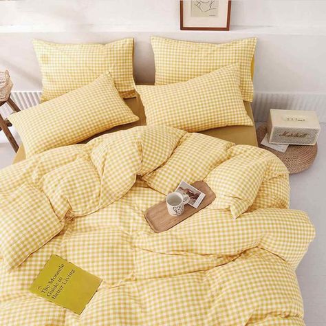 Yellow Comforter Set, Yellow Comforter, Gingham Quilt, Plaid Comforter, Fluffy Comforter, Modern Bed Set, Plaid Bedding, Yellow Gingham, Twin Xl Bedding