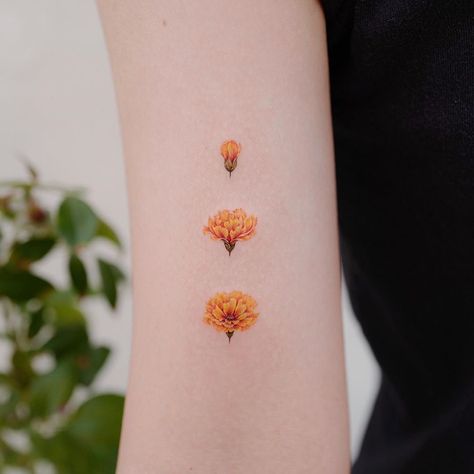 @studiobysol shared a photo on Instagram: “Donghwa’s ‘Blooming Flower’ Tattoos (1-6) Studiobysol _ @donghwa_tattoo #studiobysol #koreantattoo #koreantattooshop #colortattoo…” • Nov 17, 2019 at 11:59am UTC Montreal Tattoo, Marigold Tattoo, Carnation Tattoo, Astrology Tattoo, Chrysanthemum Tattoo, White Ink Tattoo, Daisy Tattoo, Small Flower Tattoos, Birth Flower Tattoos