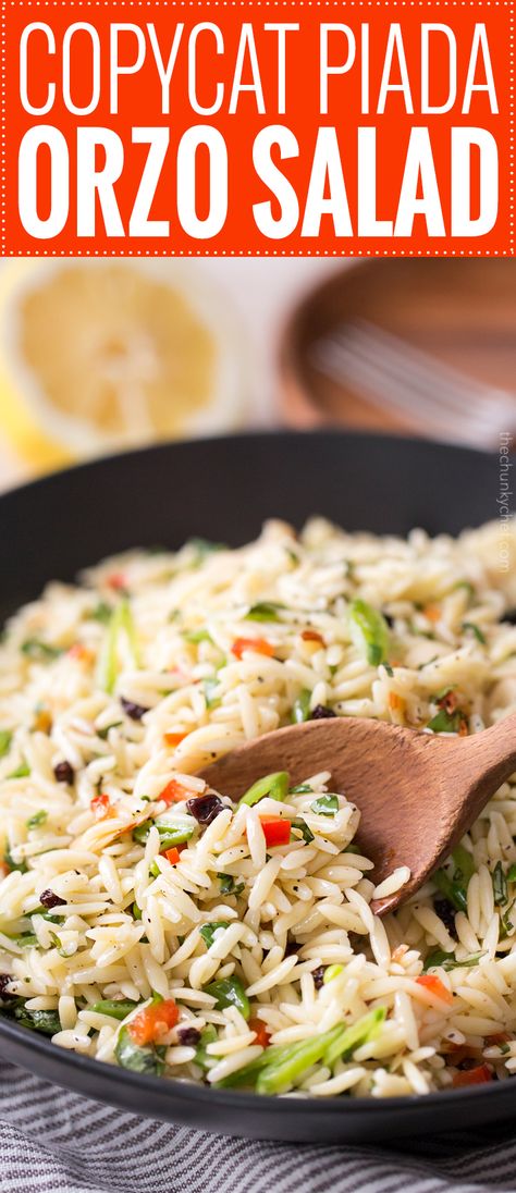 Copycat Piada Orzo Salad | This orzo salad is a copycat of the one sold at Piada Italian Street Food... it's crunchy, a little sweet, a little savory, and always a hit at parties! | http://thechunkychef.com Orzo Salat, Roasted Breakfast Potatoes, The Chunky Chef, Italian Street Food, Chunky Chef, Orzo Salad Recipes, Vegetarian Pasta Recipes, Orzo Recipes, Italian Street