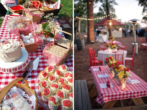 Country table with red and white checkered table cloth. Picnic Themed Parties, Picnic Baby Showers, Picnic Birthday Party, Picnic Theme, Picnic Inspiration, Picnic Birthday, Decor Ikea, Outdoor Eating, Picnic Date