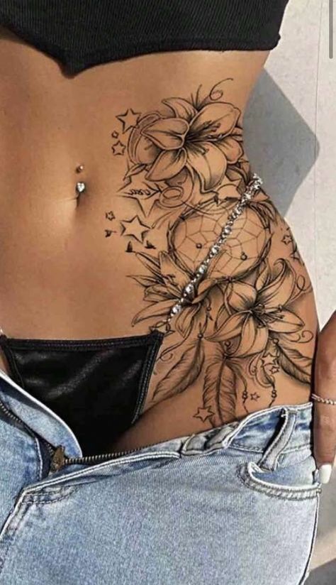 Women Side Tattoos Ribs Large, Side Tattoo Peice, Hip Floral Tattoos Women, Women Tattoos Hip, Tattoo Ideas Female Lower Stomach, Womens Torso Tattoos, Stomach Tatoos Woman, Hipbone Tattoos For Women, Full Torso Tattoos For Women