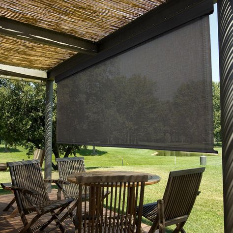 Symple Stuff Dreiling Semi-Sheer Outdoor Roller Shade & Reviews | Wayfair Shade For Patio Ideas, Shade For Deck Ideas, Outdoor Shades For Patio, Back Porch Curtains, Country Club House, Patio Shade Ideas, Outdoor Screening, Lake House Deck, Outdoor Roller Shade