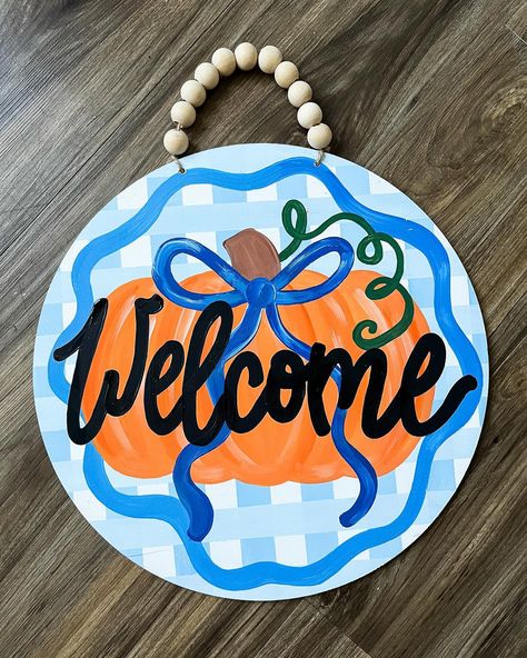 Fall door hangers!! Order a custom fall door hanger on my Etsy! Link in bio! Only $40!🫶🏼🎃🤍 - #doorhanger #fall #falldecor #pumpkins #art #calligraphy #painted #etsy #falldoorhanger #halloween #bows #blues Circle Door Hanger, Pumpkins Art, Bow Door, Door Painting, Fall Door Hanger, Fall Door Hangers, Fall Bows, Simply Filling, Halloween Bows