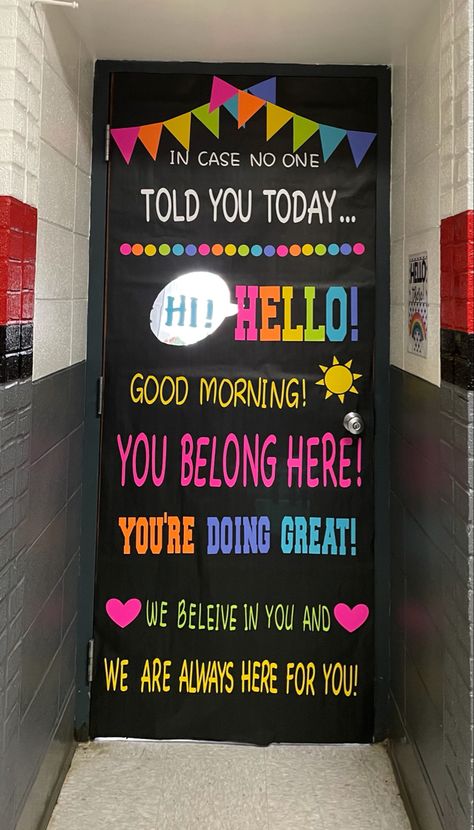 Classroom door design Employee Door Decorations, Fun Door Decorations, School Counselor Cricut Ideas, Motivational Classroom Doors, High School Door Decor, Yay Youre Here Classroom Door, Inspirational Classroom Doors, Principal Office Door Decorating Ideas, How To Decorate Classroom Door