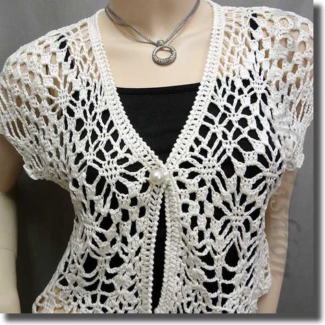 Crochet Eyelet Shrug Bolero Cardigan Topper Beige White Camisole Top, Vest Patterns, Shrug Top, Ladies Vest, Bolero Cardigan, Bolero Shrug, Trendy Crochet, Crochet Things, Flowy Sleeves