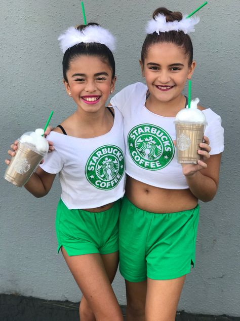 Starbucks Costume Kids, Starbucks Costumes, Starbucks Frappuccino Costume, Twin Day At School, Frappuccino Costume, Drink Costume, Rugrats Costume, Starbucks Halloween Costume, Starbucks Halloween Drinks