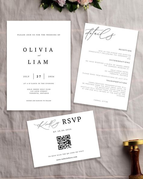 Planning a wedding but feeling overwhelmed? Our minimal modern wedding invitation suite is designed with the DIY bride in mind. This invitation set includes customizable templates for the Invite, RSVP Card, and Details Card, allowing you to add your own personal touch with ease as they are 100% editable. You can even incorporate your own QR code to direct guests to your wedding website, with instructions provided. Tailor the text and colors to match your wedding theme effortlessly. Save time an Digital Rsvp Wedding, Wedding Invitations Canva Diy, Qr Code Wedding Invitations, What To Include In Wedding Invitations, Wedding Dress Code Invitation, Canva Wedding Invitations, Invitation With Qr Code, Wedding Invitations Examples, Minimal Modern Wedding