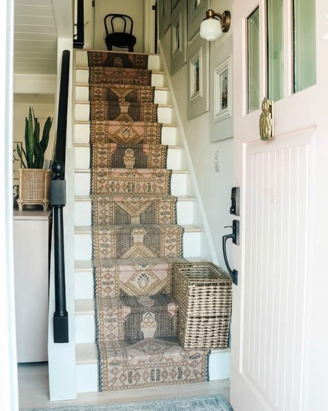 Painted Steps With Runner, Painted Steps, House Manifestation, Diy Mantle, Interior Hallway, Nesting With Grace, Eclectic Cottage, Shiplap Fireplace, Stair Case