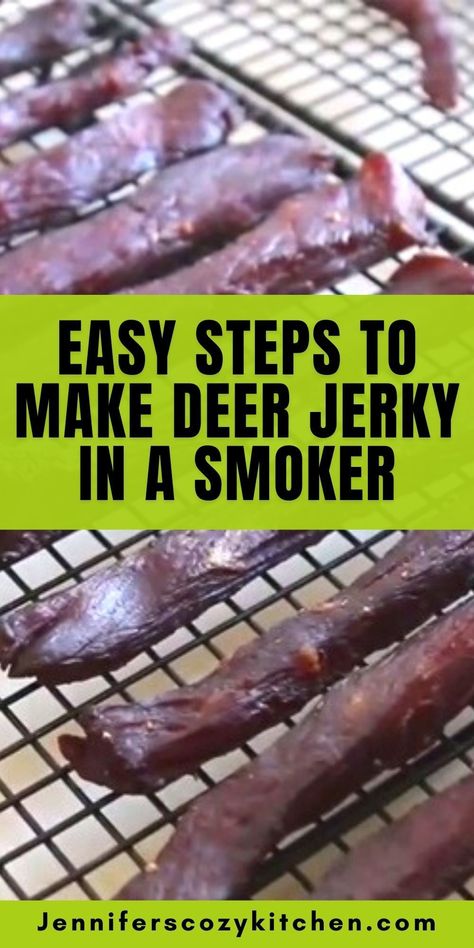 You can make this easy deer recipe at home using an electric smoker or gas smoker. Read this guide on how to make deer jerky in a smoker. #meatrecipe #meatappetizers #jerkyrecipe #deerrecipes #jerky #smokercooking #smoker Venison Jerky Recipe Smoked, How To Make Deer Jerky In The Oven, Jerky Smoker Recipes, Deer Jerky Recipe Smoker, How To Make Deer Jerky, Smoked Deer Jerky, Smoked Venison Jerky, Deer Jerky Seasoning Recipe, Deer Jerky Recipe In Oven