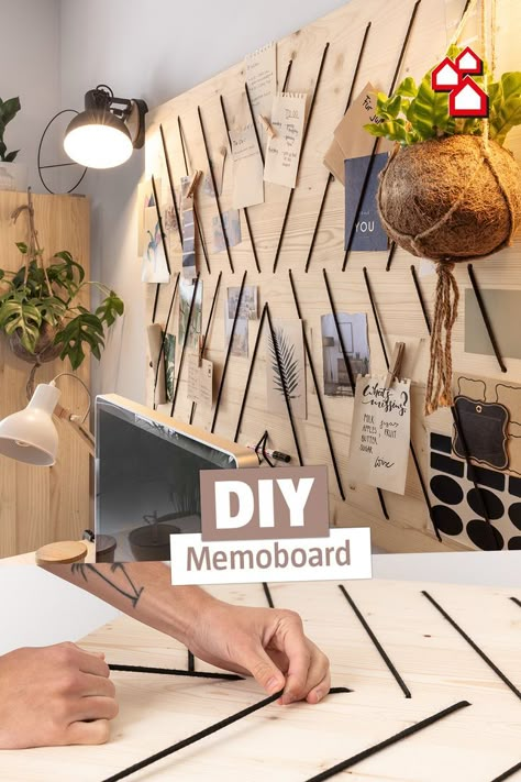 DIY Memoboard. Holz Board, dass mit Schnüren versehen ist um Zettel und Karten zu befestigen. Spring Dinner, Memo Boards, Apple Fruit, Memo Board, Room Diy, Interior Inspo, Diy Furniture, Home Goods, Diy Home Decor