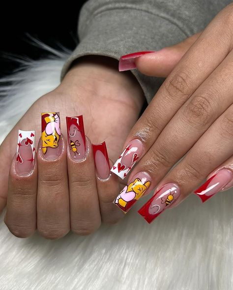 Winnie The Pooh Nails Valentines, Winnie The Pooh Valentine Nails, Cute Inspo Nails, Short Acrylic Nails Designs Valentines, Valentines Day Nails Characters, Short Nail Design Valentine, Comic Nails Art, I Love My Bf Nails, Mickey Mouse Valentines Nails