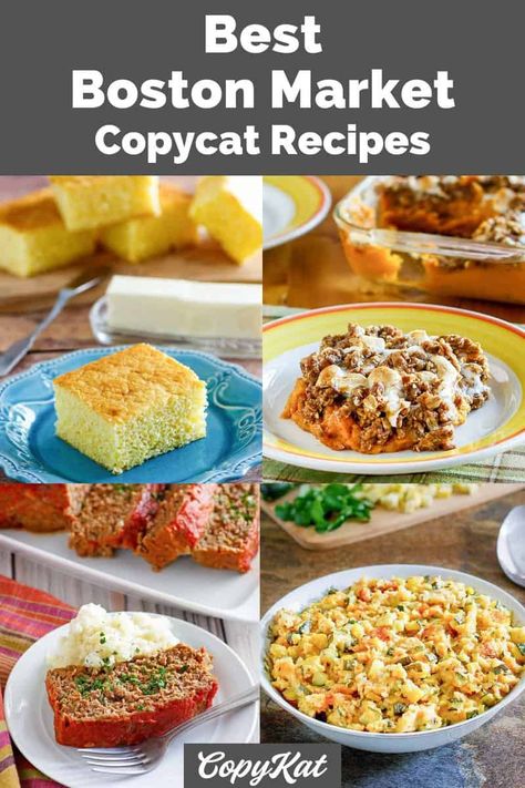 If you're a fan of Boston Market and want to recreate their famous dishes at home, you're in luck! You can make delicious entrees, side dishes, and more that taste just like the real thing. From sweet potato casserole, creamed spinach, meatloaf, chicken, ribs to cornbread and dessert, These Boston Market copycat recipes are sure to be a favorite. Boston Market Copycat Recipes, Boston Market Recipes, Celebrity Recipes Famous, Boston Market Chicken Recipe, Copycat Recipes Restaurant, Boston Recipes, Boston Market Chicken, Boston Market Cornbread, Meatloaf Chicken