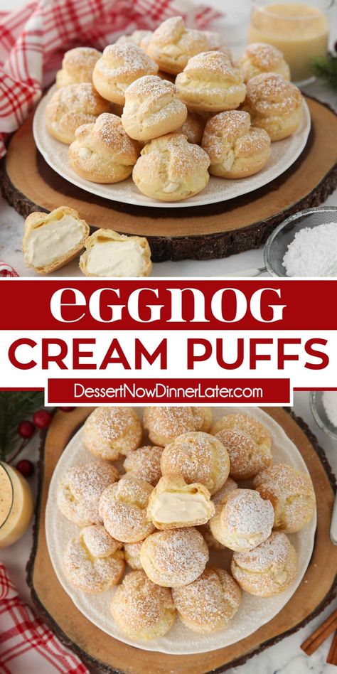 Love egg nog or have some leftover? Transform it into a whipped eggnog pastry cream to fill these Eggnog Cream Puffs with. They're the perfect bite-sized dessert for entertaining guests during the holidays and a great finger food for New Year's Eve! Eggnog Puff Pastry, Christmas Cream Puffs Holidays, Leftover Eggnog Recipes Baking, Egg Nog Desserts Easy, Eggnog Cream Puffs, Egg Nog Tiramisu, Cream Puff Cream Filling, Eggnog Pastry Cream, Egg Nog Baking Recipes