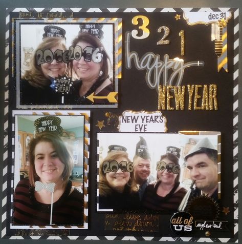 Scrapbook Ideas New Year, New Year Scrapbook Ideas, New Years Eve Journal Ideas, New Years Scrapbook, New Years Scrapbook Layouts, Happy New Year Scrapbook Layout, Nye Scrapbook Pages, New Years Eve Scrapbook Layouts, New Years Scrapbook Page