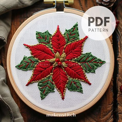 Add some holiday cheer to your home with this simple Christmas Poinsettia embroidery hoop art. It features a lovely embroidered poinsettia, the classic Christmas flower, surrounded by festive leaves and berries. Perfect for holiday decor! YOUR DOWNLOAD INCLUDES: * Printable pattern scaled to fit 4" to 8" hoops * Beginner's Embroidery Guide * The Guide includes step-by-step photo instructions of all the stitches needed for this pattern * Stitch Diagram * Color Codes & DMC to Anchor floss conversi Embroidered Poinsettia, Poinsettia Embroidery, Christmas Flowers Poinsettia, Winter Embroidery, Crochet Ornament Patterns, Christmas Embroidery Patterns, Christmas Embroidery Designs, Embroidery Template, Christmas Poinsettia