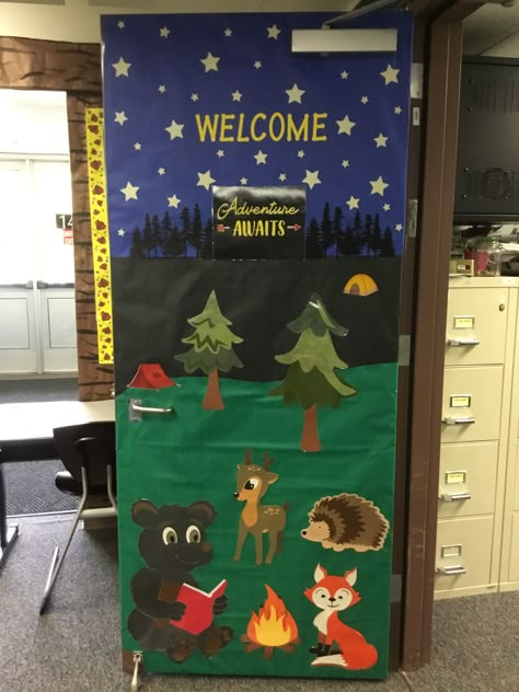 Forest Classroom Door Ideas, Forest Theme Classroom Bulletin Boards, Forest Door Decorations Classroom, Camping Classroom Door Ideas, Camping Classroom Theme Bulletin Boards, Camping Door Decorations Classroom, Adventure Awaits Classroom Door, Camping Theme Bulletin Board Ideas, Wilderness Theme Classroom