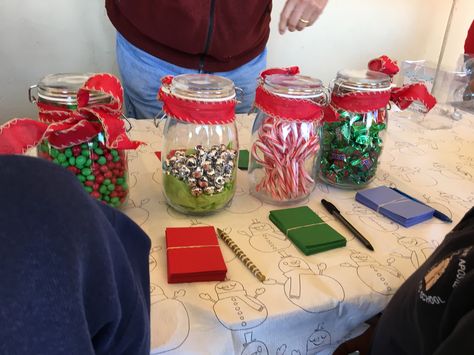 Guess the candy in the jar Christmas Activities For Employees, Thanksgiving Guessing Jar Ideas, Guessing Jar Ideas Christmas, Christmas Guess How Many In A Jar, Christmas Guessing Games Jar, Guess How Many In A Jar Christmas, Guess The Candy In The Jar, Guessing Jar Ideas, Candy Guessing Game Jars