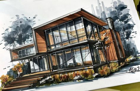 Buildings Sketch Architecture, Architectural Render, Sketch House, Interior Architecture Sketch, Exterior Sketch, Furniture Design Sketches, Perspective Drawing Architecture, Interior Design Renderings, Interior Architecture Drawing