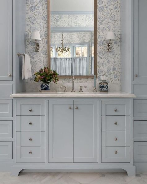 master bathroom inspiration 2024 • Instagram Bathroom Accent Wall Ideas, Whimsical Wallpaper, Accent Wall Ideas, Bathroom Accent Wall, Childrens Bathroom, Hues Of Blue, Wallpaper Set, House Bathrooms, Bathroom Accents