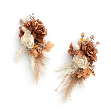 PRICES MAY VARY. Package: Set of 2 shoulder corsages, each approx 3.5" wide and 8" tall. Each shoulder flower is equipped with clips to wear on your dress. Material: The elegant shoulder corsages are made of Burnt Orange Hydrangea macrophylla, astilbe chinensis, foam Cream sola flower, foam Burnt Orange Gardenia, Pomegranate beads, crystal beads, amber beads, etc. For something more wowee - a piece of floral art pinned on the shoulder of a dress is something that will definitely stand out. Perfe Rust Wedding Accessories, Flowers Mother Of The Bride, Mother Of The Bride Corsage, Mother Of Bride Corsage, Bride Corsage, Shoulder Corsage, Prom Corsages, Formal Dinner Party, Boho Orange