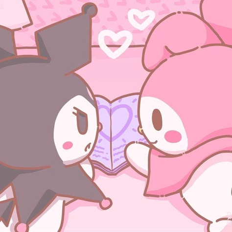 Kuromi And Melody Widget, Kuromi Reading Book, Sanrio Reading Book, Kuromi And My Melody Widget, My Melody And Kuromi Icons, Kromium Hello Kitty, Ciao Salut My Melody, My Melody Pictures, Sanrio Icons Aesthetic