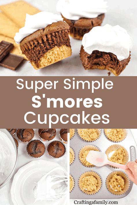 Smores Cupcake Recipe, Cupcakes Summer, Fluff Frosting, Campfire Cupcakes, Marshmallow Fluff Frosting, Best Instapot Recipes, Marshmallow Fluff Recipes, Easy Smores, Cake Mix Cupcakes