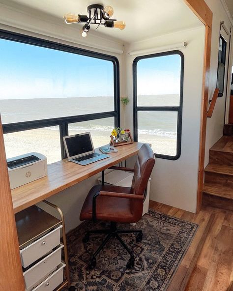 Trailer Office, Renovated Camper, Rv Office, Trailer Makeover, Rv Interior Remodel, Camper Reno, Camper Trailer Remodel, Rv Renovation, Generational Wealth