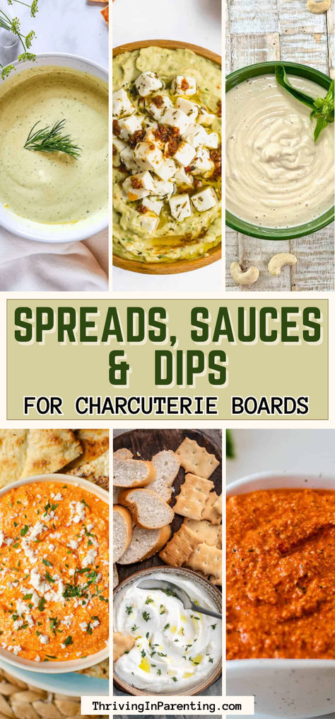 a collage of best dips and sauces for charcuterie baords Whole Foods Charcuterie Board, Charcuterie Board Condiments, Olive Board Appetizers, Dips Charcuterie Board Ideas, Charcuterie Board Ideas Dips, Charcuterie Board Sauces And Dips, Charcuterie Dip Board, Dips And Spreads For Charcuterie Board, Charcuterie Board Spreads And Dips