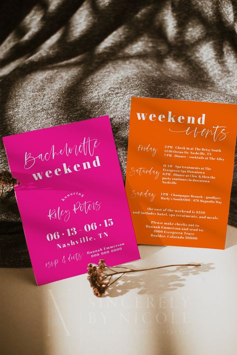 "Enjoy 60% off when you purchase 3 or more items. Coupon applied automatically at checkout ♡ CORJL TEMPLATE | EDIT, DOWNLOAD, + PRINT YOURSELF for best results please read the entire item description ♡ This is a hot pink bachelorette invitation template featuring a bright design and stunning calligraphy font. Edit all wording, ALL colors, and fonts to make this colorful invite template fit your personal style and event needs! QUICK FAQ → All editing will take place in your browser (no software for you to download!) through Corjl.com and all fonts will be provided. Since all fonts are provided, you will not be able to upload your own fonts. → There is no download limit and no expiration date currently for the templates in my shop. You are free to change your mind and edit as many times as y Bright Bachelorette Theme, Hot Pink And Orange Bachelorette, Bachlorette Party Invite, Pink Orange Bachelorette, Pink And Orange Bachelorette Party, Hot Pink Bachelorette Party, Hot Pink Bachelorette, Hot Pink Party Invitations, Bright Pink Wedding Invitations