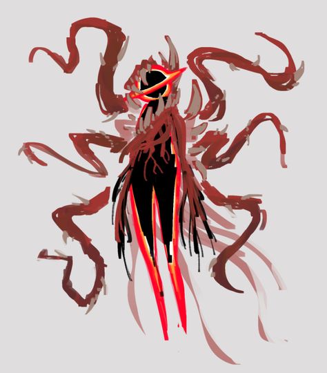 Horror Drawing Inspiration, Dungeons And Dragons Oc Art, Red Coded Character, Scary Drawing Reference, Infected Character Design, Cool Creepy Art, Hemokinesis Aesthetic, Character 3/4 View, Burn Character Design