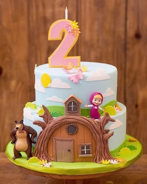 Masha Cake, Masha And Bear, Marsha And The Bear, 2 Birthday Cake, Bear Birthday Party, 2nd Birthday Party Themes, Masha And The Bear, Baby Birthday Cakes, Childrens Birthday Cakes