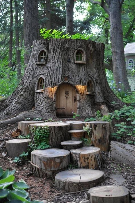 Tree Stump House, Wood Log Projects, Stump House, Wood Log Ideas, Tree Stump Decor, Log Ideas, Gnome Village, Log Projects, Fairy Tree Houses