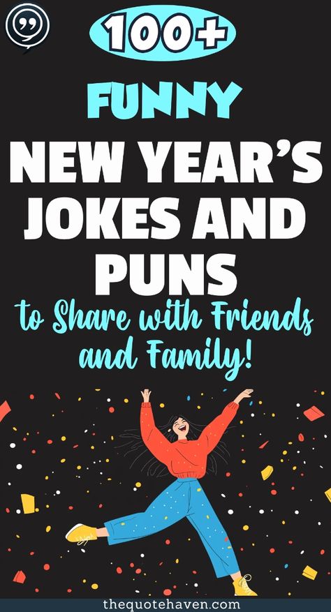 Looking for laughs to start the year? Check out 100+ funny New Year’s jokes and puns perfect for sharing with family and friends. Enjoy short, hilarious one-liners, funny phrases, and witty sayings to spread joy. These messages and quotes will make this Happy New Year unforgettable! Happy New Years Eve Quotes Funny, Happy New Year Memes Funny, New Year Jokes Funny, Happy New Year Wishes Funny, Funny New Year Quotes Humor, Funny New Years Quotes, Funny Happy New Year Quotes, New Year Puns, Funny New Year Messages