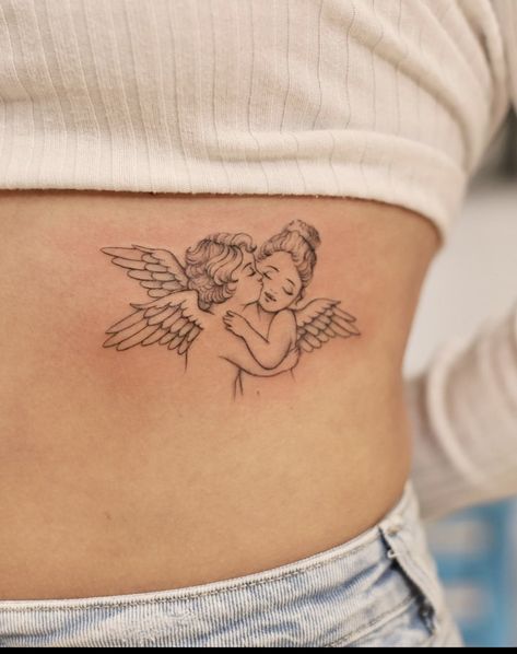 Cute Angle Tattoo, Find Your Purpose Tattoo, 2 Cherubs Tattoo, Cherub Back Tattoo, Angle Tattoo Design, Cherub Line Tattoo, Angel Line Art Tattoo, Dainty Angel Tattoo, Cute Cherub Tattoo